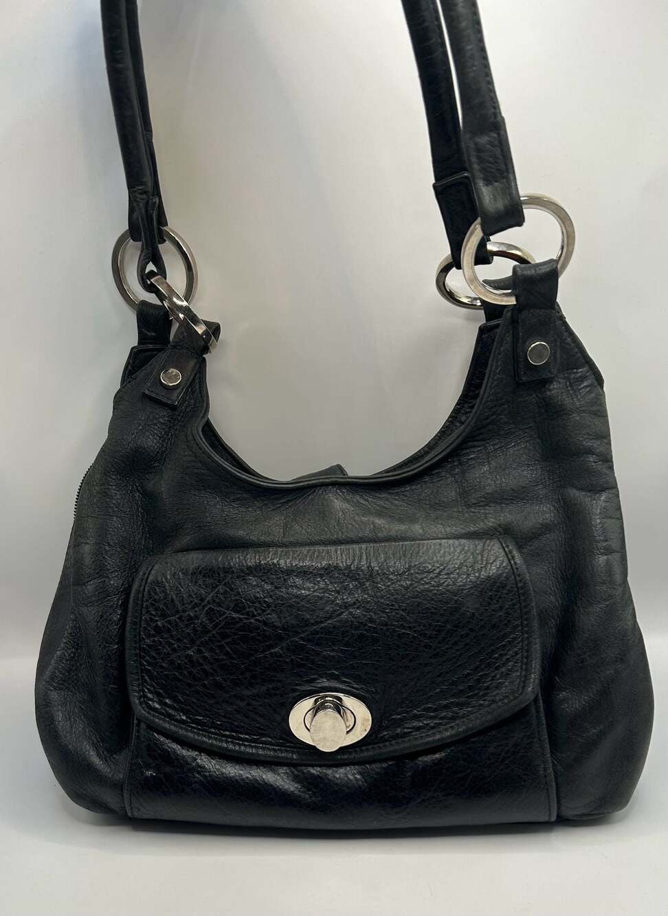 Black Pebbled Leather Concealed Carry Hobo Shoulder Bag w/Turnlock Pocket